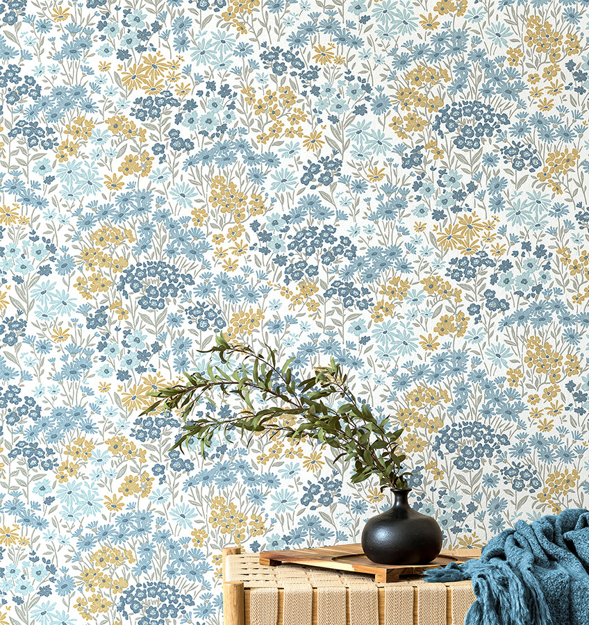 Ditsy Light Blue Daisies Wallpaper - Brewster Wallcovering