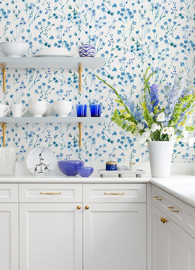 Heidi Blue Watercolor Florals Wallpaper - Brewster Wallcovering