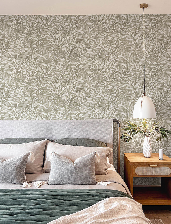 Rhythmic Taupe Leaf Wallpaper - Brewster Wallcovering