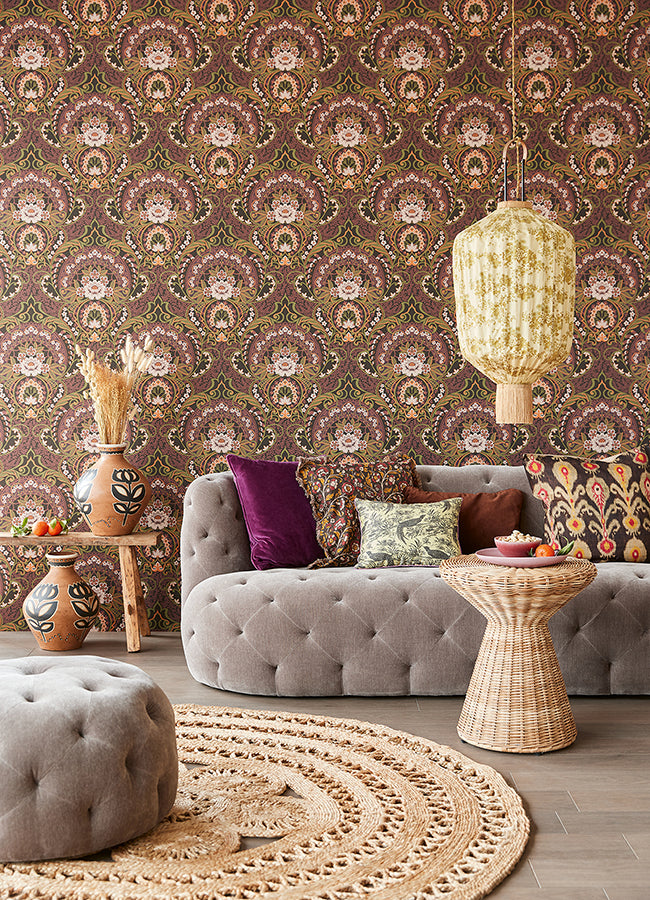 Nasrin Purple Damask Wallpaper - Brewster Wallcovering