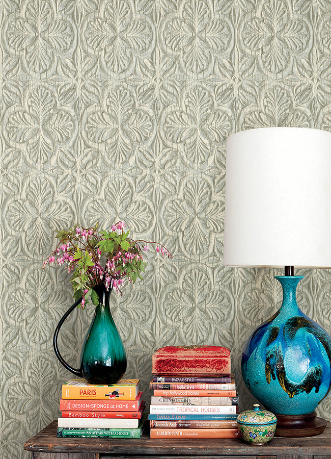 Karachi Aqua Wooden Damask Wallpaper - Brewster Wallcovering