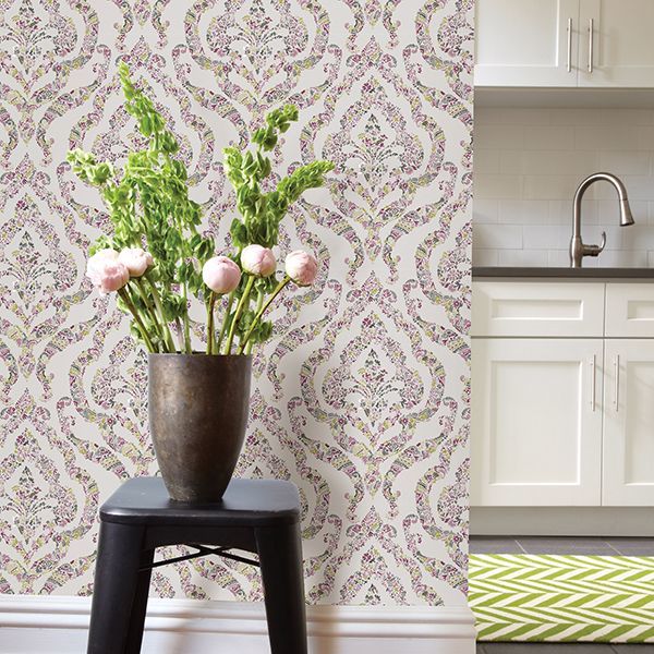 Featherton Pink Floral Damask Wallpaper - Brewster Wallcovering