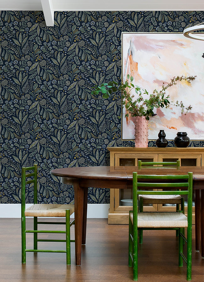 Briar Navy Floral Wallpaper - Brewster Wallcovering