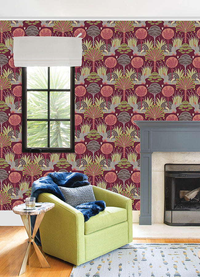 Mandeville Raspberry Tropical Paradise Wallpaper by Scott Living - Brewster Wallcovering