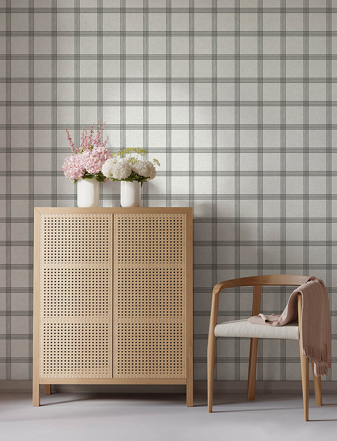 Twain Charcoal Plaid Wallpaper - Brewster Wallcovering