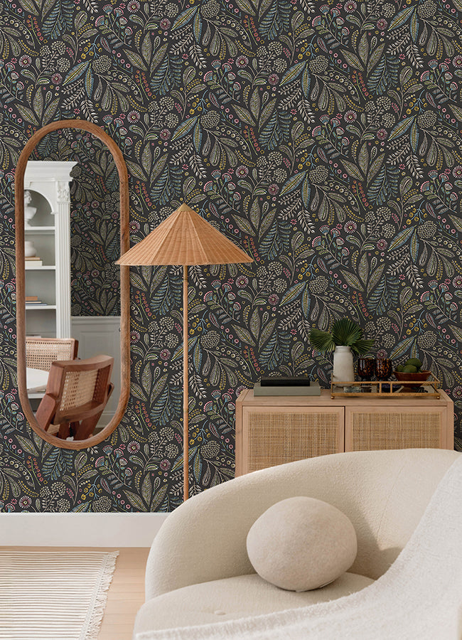 Briar Charcoal Floral Wallpaper - Brewster Wallcovering