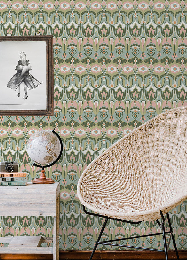 Akira Green Peel and Stick Wallpaper - Brewster Wallcovering