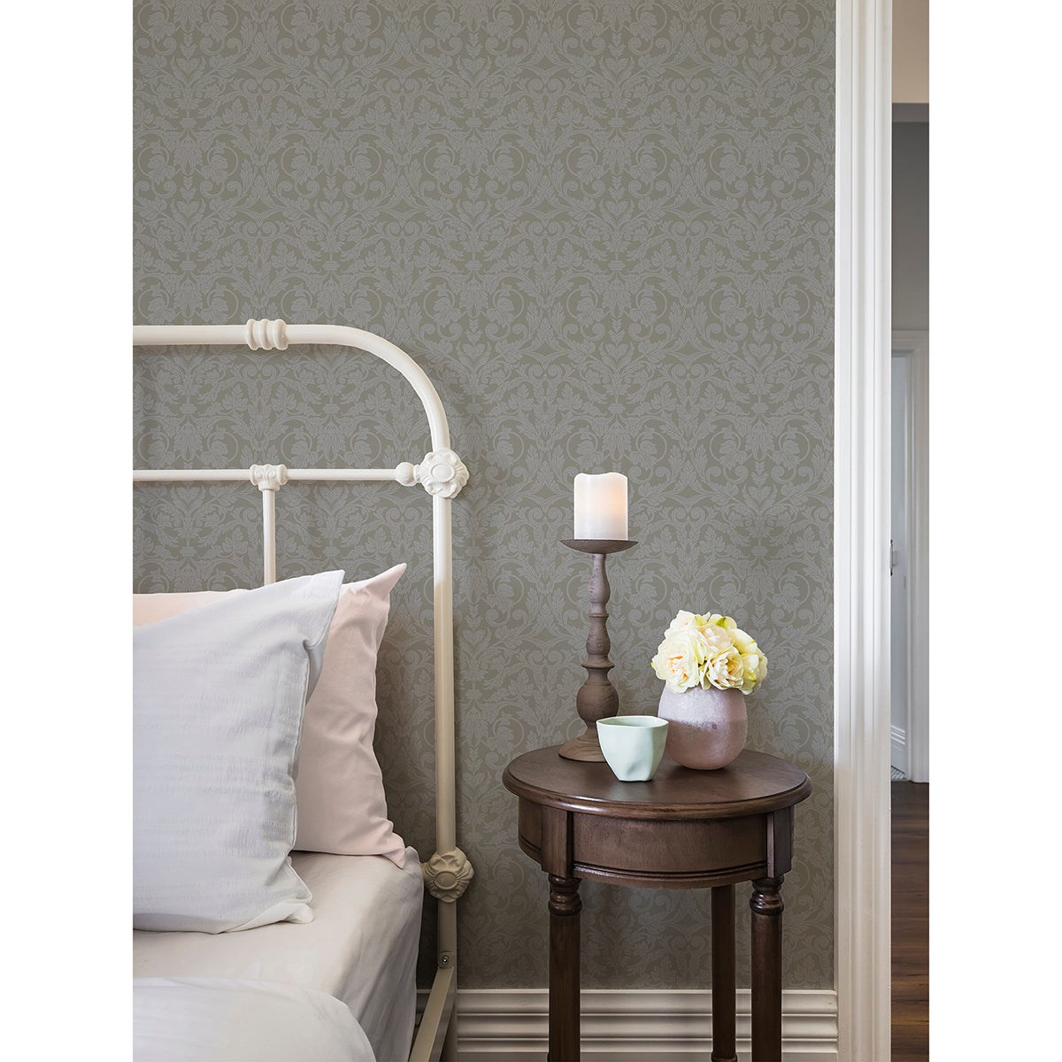 Rosali Grey Scroll Damask Wallpaper - Brewster Wallcovering