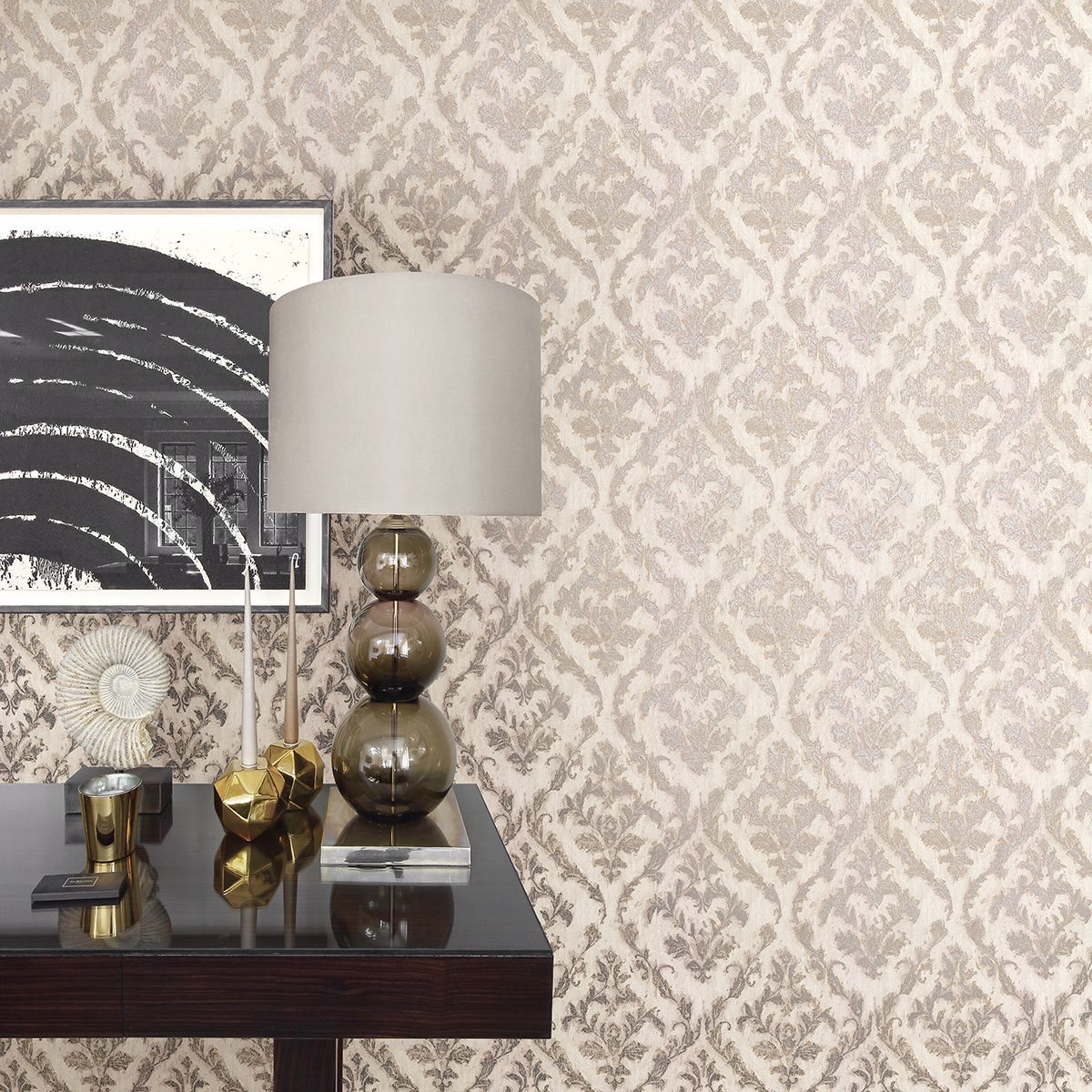 Lyra Light Grey Damask Wallpaper - Brewster Wallcovering