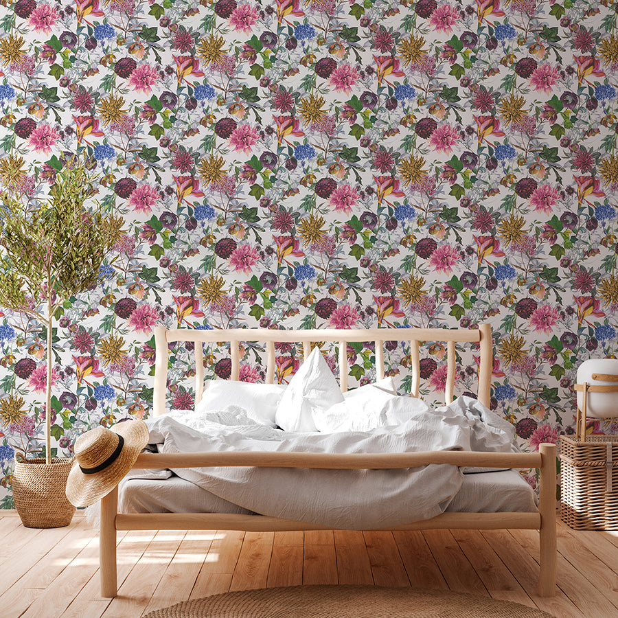 Althea White Flower Garden Wallpaper - Brewster Wallcovering