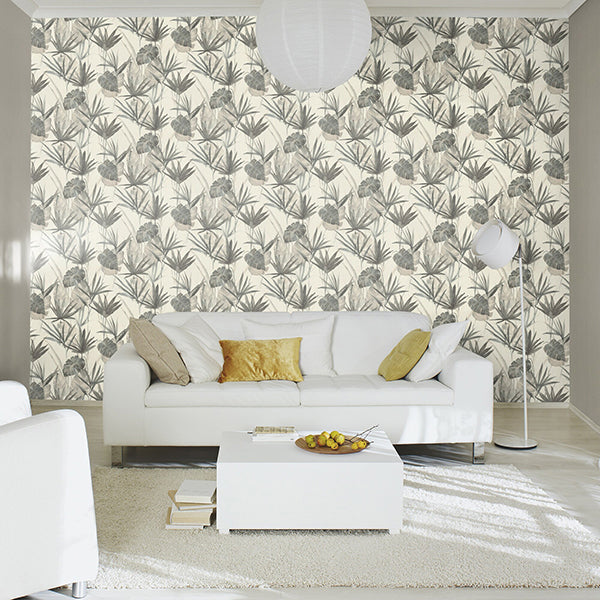 Nameri Grey Tropical Frond Wallpaper - Brewster Wallcovering