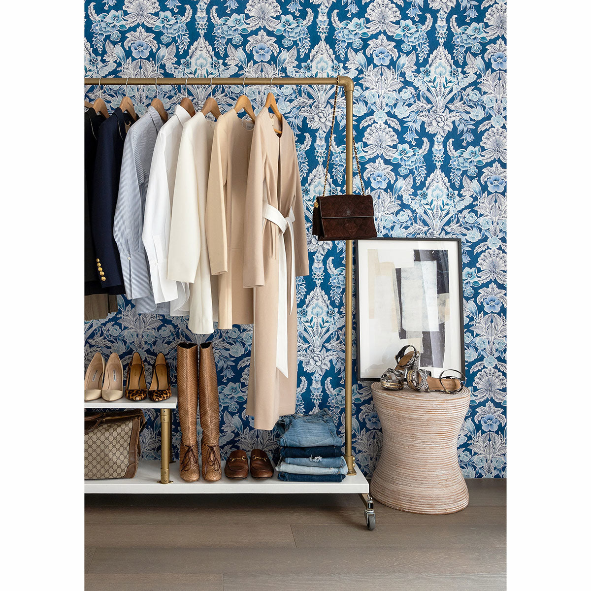 Vera Blue Floral Damask Wallpaper - Brewster Wallcovering