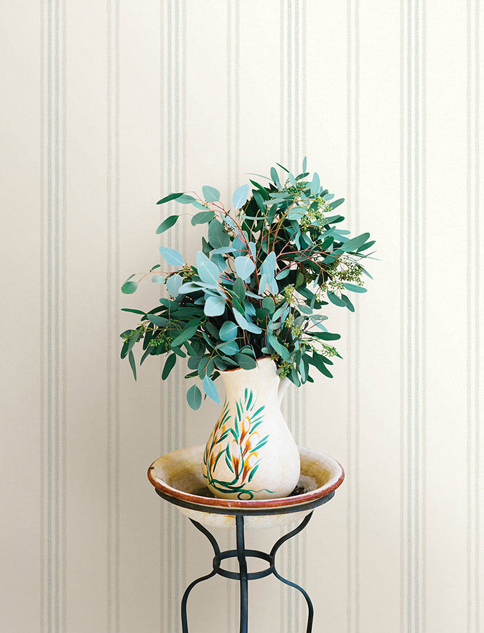 Lovage Aqua Linen Stripe Wallpaper - Brewster Wallcovering