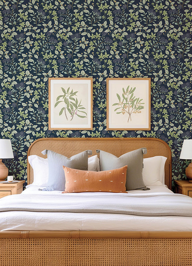 Mildred Indigo Botanical Trail Wallpaper - Brewster Wallcovering