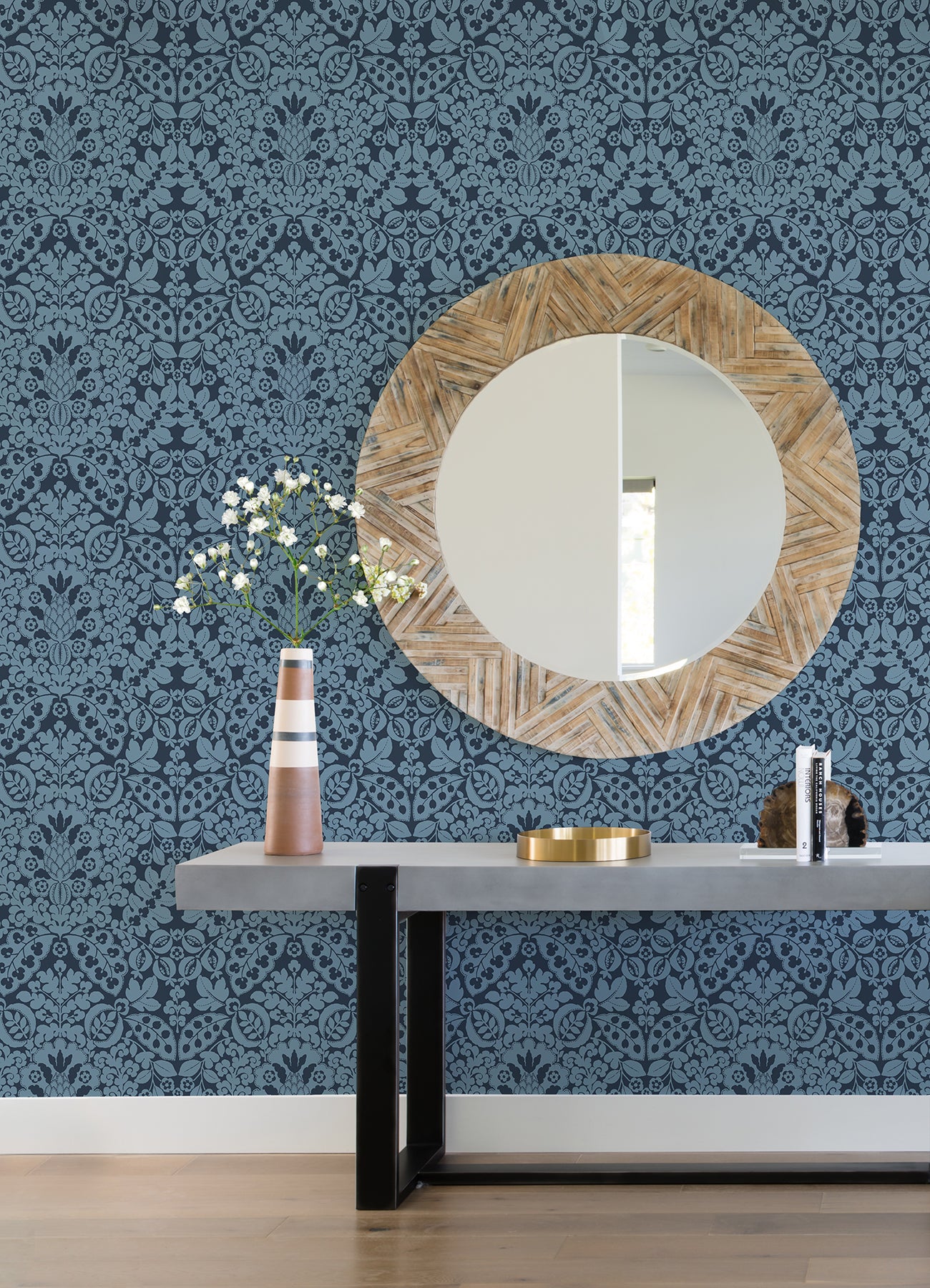 Marni Navy Fruit Damask Wallpaper - Brewster Wallcovering