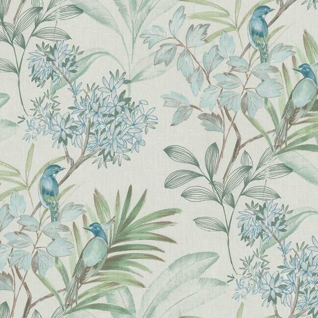 Handpainted Songbird Wallpaper - Turquiose - York Wallcoverings - TL1926