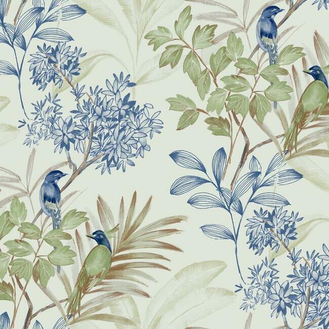 Handpainted Songbird Wallpaper - Green/Blue - York Wallcoverings - TL1928