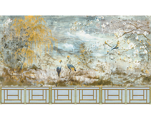 Scalamandre Wallpaper WNMCRES-ET1 Crested Crane Mural -panel Set Wheat Blue