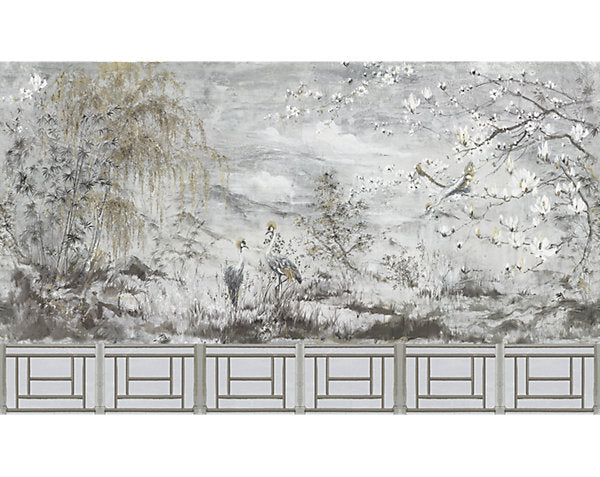 Scalamandre Wallpaper WNMCRES-ET3 Crested Crane Mural -panel Set Silver Gold