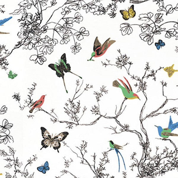 Schumacher Fabric 174760 Birds & Butterflies Multi On White