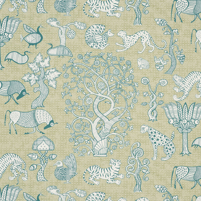 Schumacher Fabric 178321 Animalia Peacock & Leaf