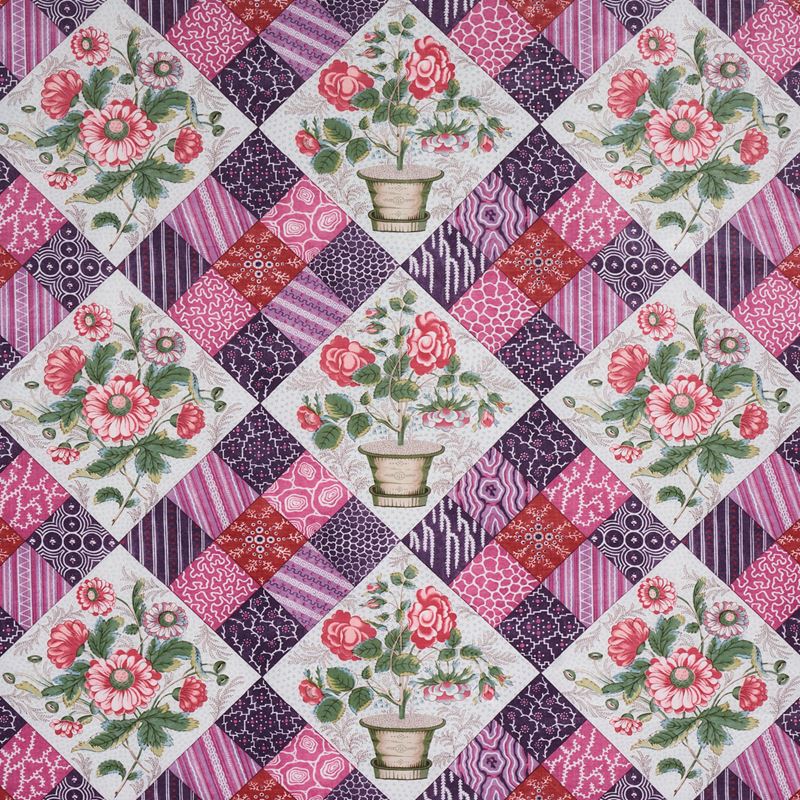 Schumacher Fabric 180121 Caldwell Patchwork Chintz Fuschia and Plum