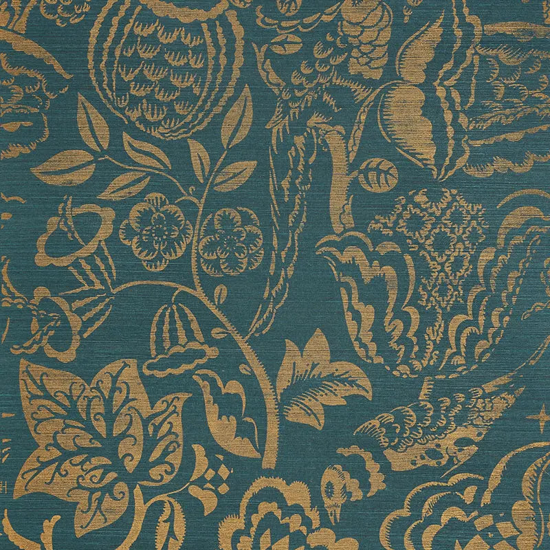 Schumacher Wallpaper 5008264 Uccello Sisal Gold On Peacock