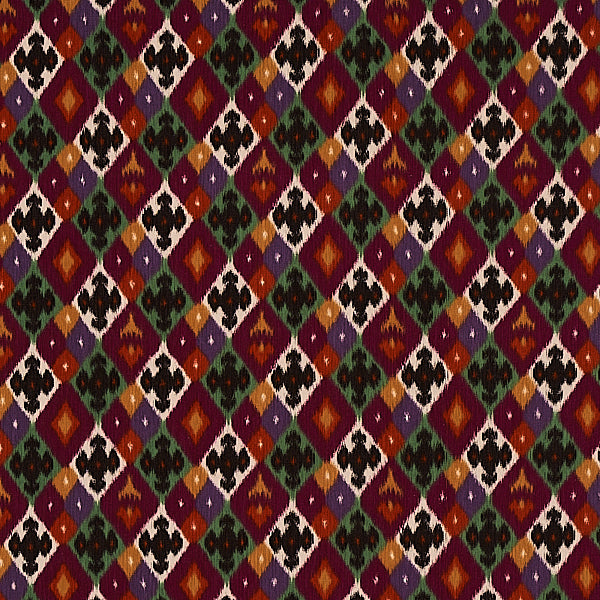 Schumacher Fabric 80662 Sasha Diamond Ikat Jade and Plum