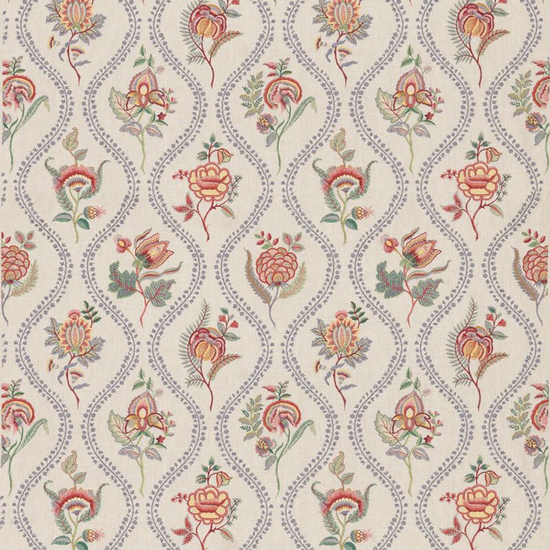 G P & J Baker Fabric BF11025.1 Burford Embroidery Blue/Red