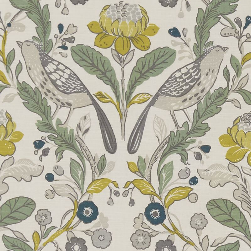 Clarke and Clarke Fabric F1316-2 Orchard Birds Birds Forest/Chartreuse