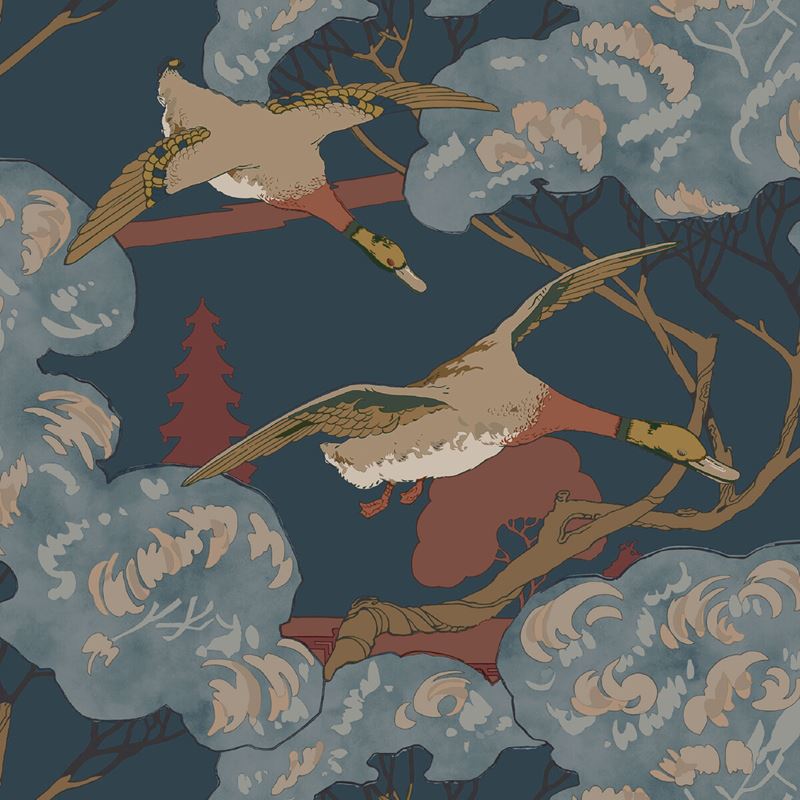 Mulberry Wallpaper FG102.V110 Grand Flying Ducks Red/Blue