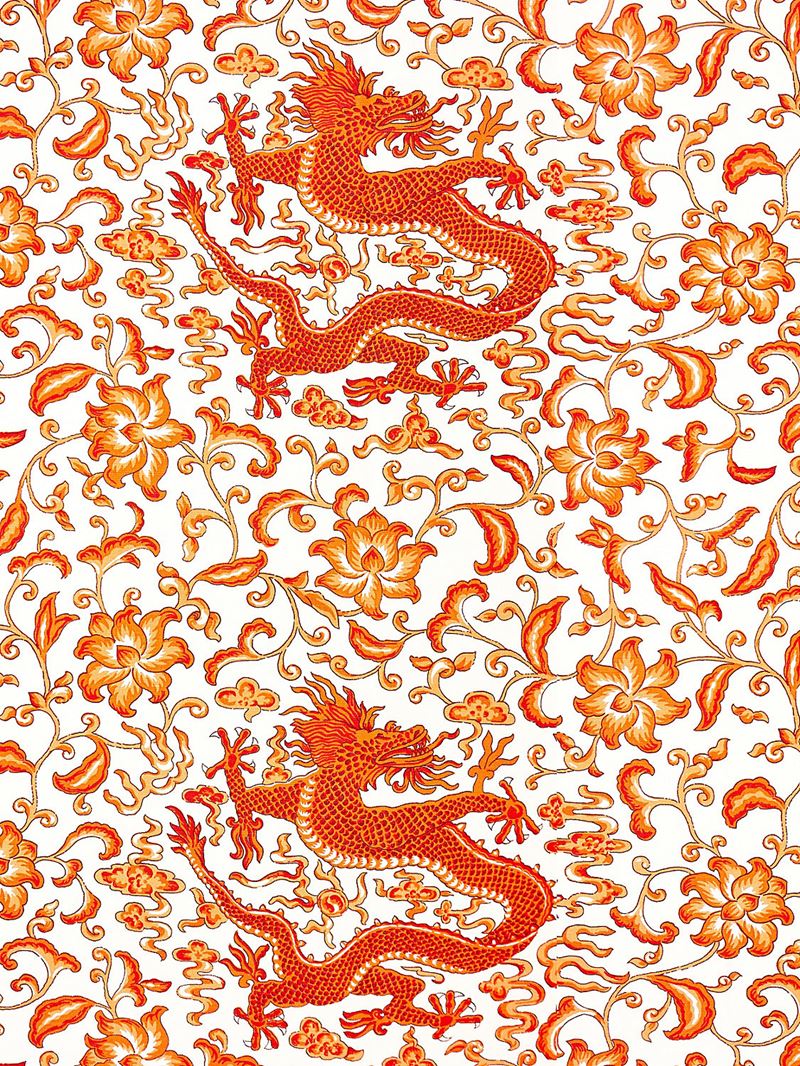 Scalamandre Fabric SC 000316558 Chi'en Dragon Linen Print Persimmon