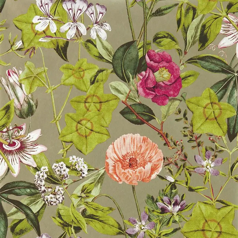 Clarke and Clarke Wallpaper W0143-3 Passiflora Mulberry/Gilver Wp